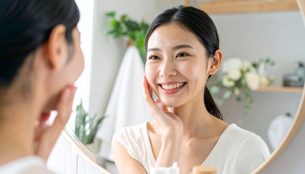 笑顔の女性が鏡に映る自分をみている